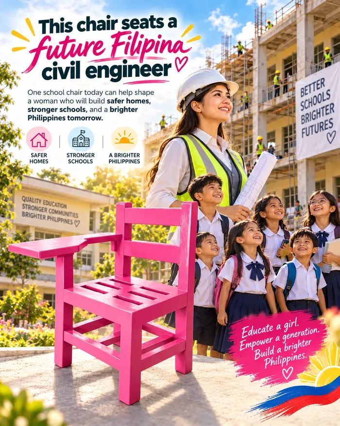 Campaign illustration imagining a future Filipina civil engineer beside a pink school chair