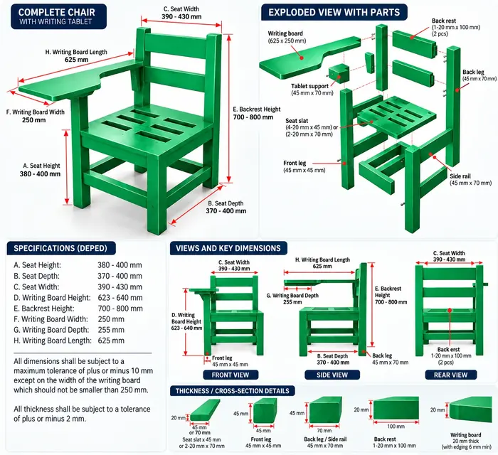 Reference diagram of the school chair’s parts and approximate dimensions