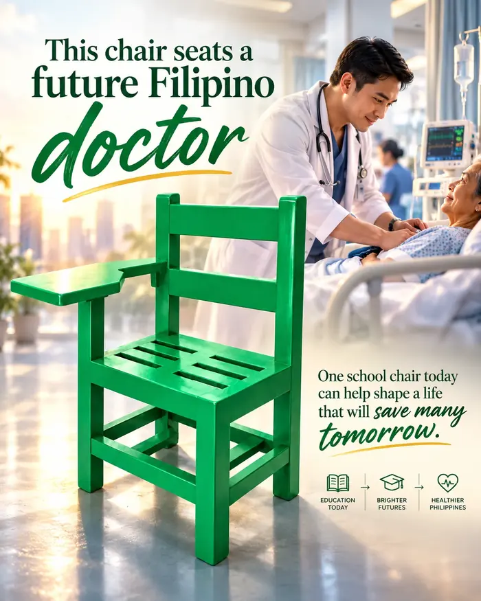 Campaign illustration imagining a future Filipino doctor beside a green school chair