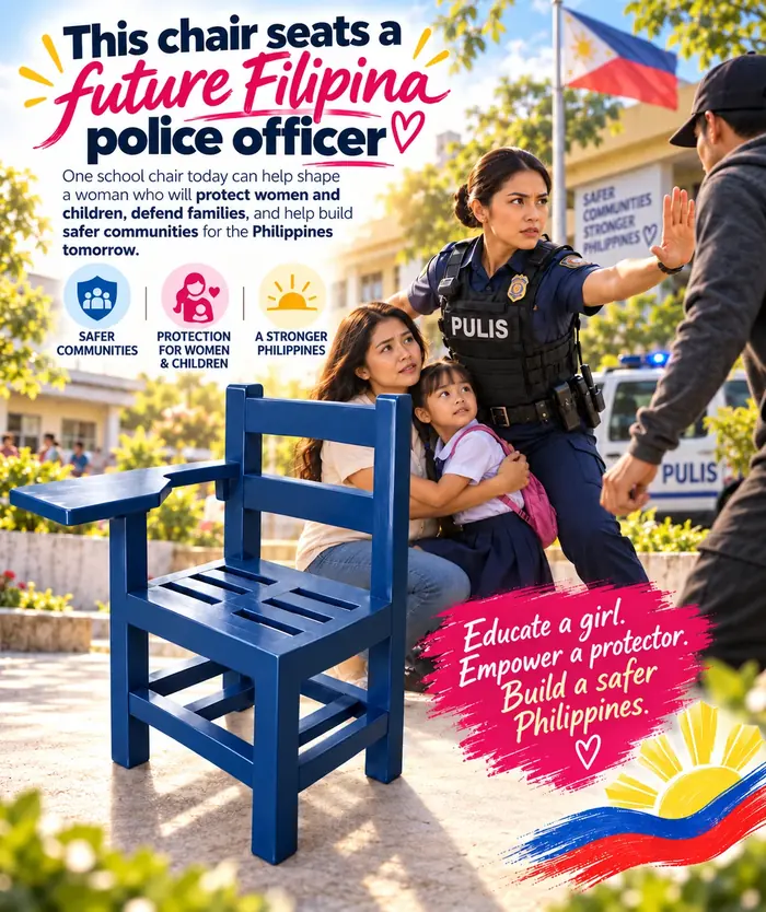 Campaign illustration imagining a future Filipina police officer beside a blue school chair